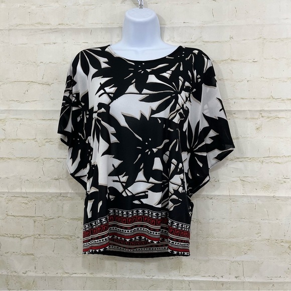Chico’s Black Floral Sheer Nylon Bat Wing Blouse - Picture 1 of 8
